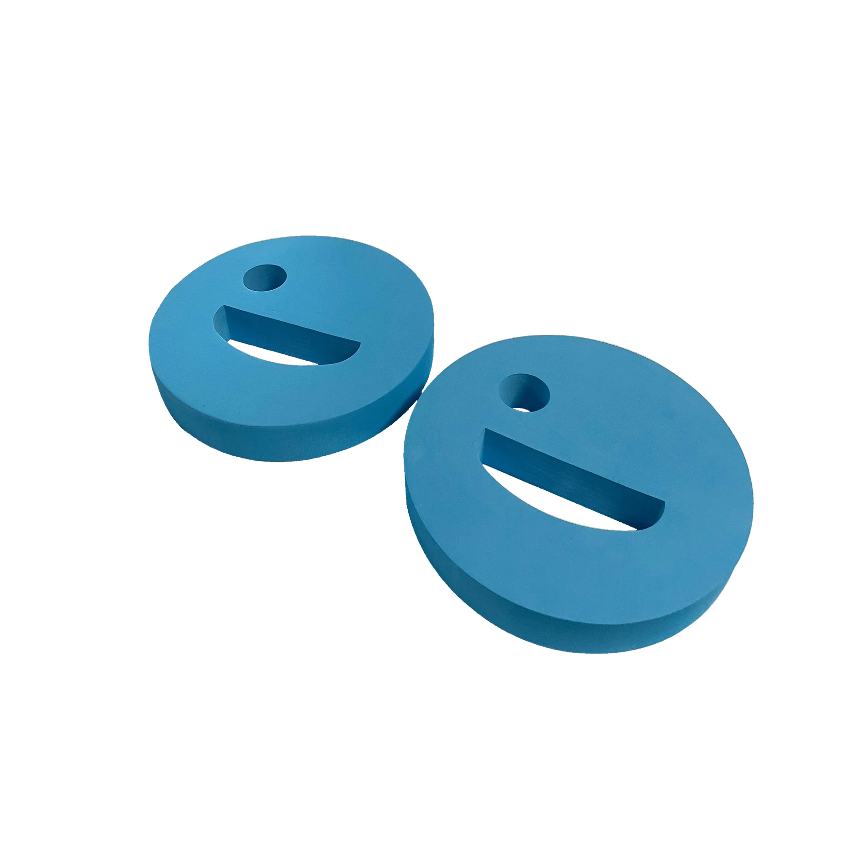 Pair of aquatic discs with smiley design for fun pool exercises.